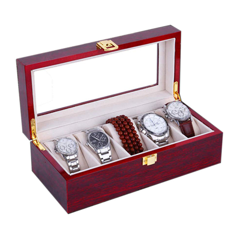 Mens 5 Grids Red Wood Watch Display Case Collection Storage Holder Wooden Box